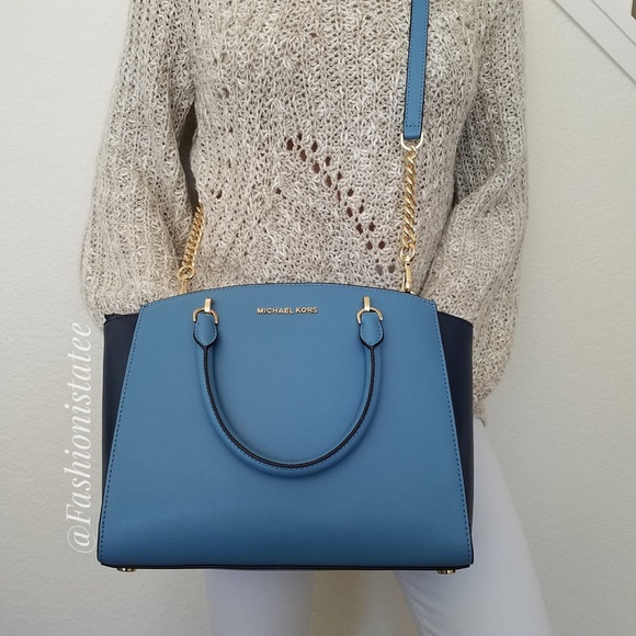 NWT MICHAEL KORS LARGE ELLIS SKY NAVY SATCHEL BAG - Picture 3 of 8